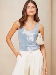Lipsy Blue Scoop Neck Sequin Vest - Image 1 of 4