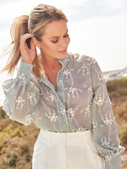Lipsy Blue Long Sleeve Grandad Collar Blouse - Image 2 of 4