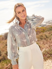 Lipsy Blue Long Sleeve Grandad Collar Blouse - Image 4 of 4