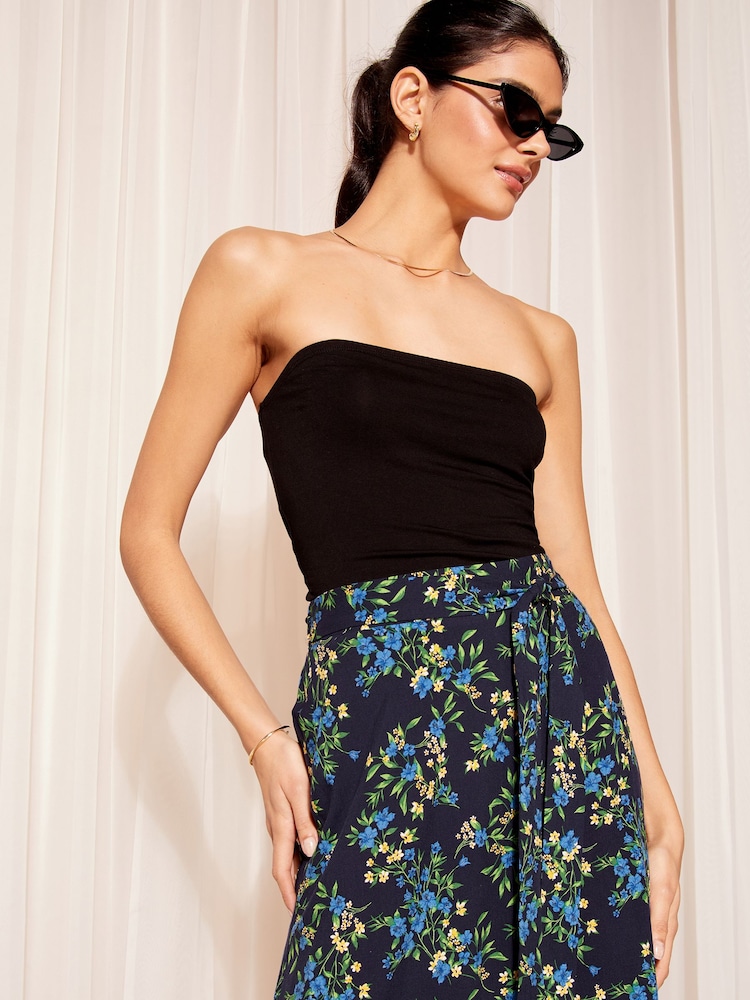 Friends Like These Navy Blue Floral Tie Waist Woven Midi Skirt - Image 2 of 4 Friends Like These Navy Blue Floral Tie Waist Woven Midi Skirt - Image 2 of 4