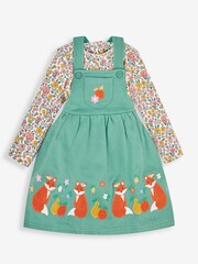 JoJo Maman Bébé Green Fox & Fruit Girls' 2-Piece Appliqué Pinafore Dress & Top Set - Image 1 of 6