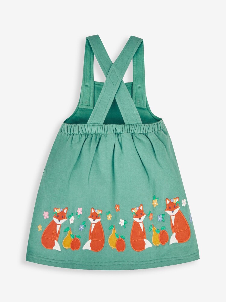 JoJo Maman Bébé Green Fox & Fruit Girls' 2-Piece Appliqué Pinafore Dress & Top Set - Image 3 of 6