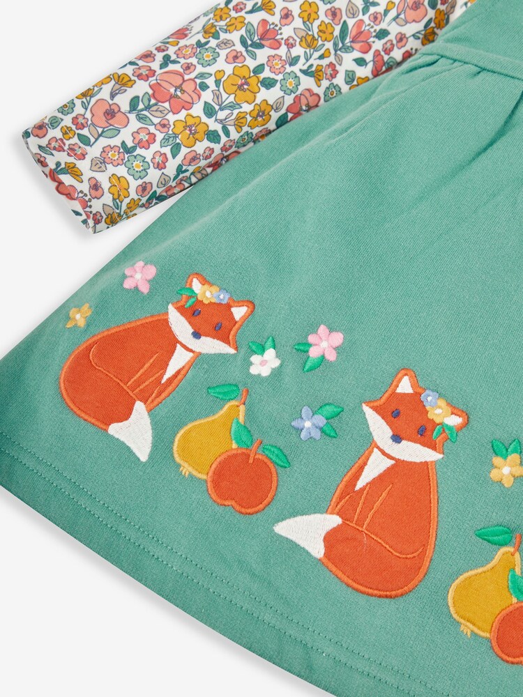 JoJo Maman Bébé Green Fox & Fruit Girls' 2-Piece Appliqué Pinafore Dress & Top Set - Image 5 of 6