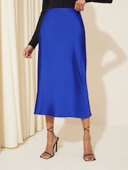 Curves Like These Cobalt Blue Blue Satin Bias Midi Skirt - Image 1 of 1