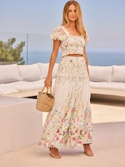 Friends Like These Ivory White Floral Tiered Chiffon Maxi Skirt Co-Ord - Image 2 of 4