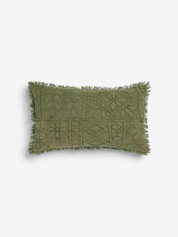 French Connection Olive Green Elmwood Distressed Tufted Cushion - Image 3 of 4