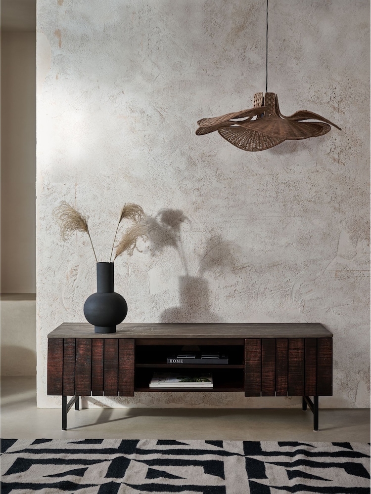 French Connection Slatted Mango Wood and Concrete Effect Top French Connection Sedona Up to 50 Inch TV Unit - Image 1 of 8