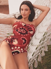 Berry Red Woodblock Tummy Shaping Control Bandeau Swimsuit - Image 1 of 5