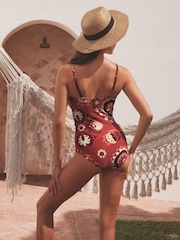 Berry Red Woodblock Tummy Shaping Control Bandeau Swimsuit - Image 3 of 5