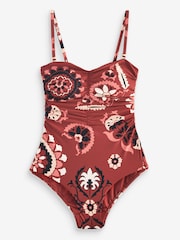 Berry Red Woodblock Tummy Shaping Control Bandeau Swimsuit - Image 5 of 5
