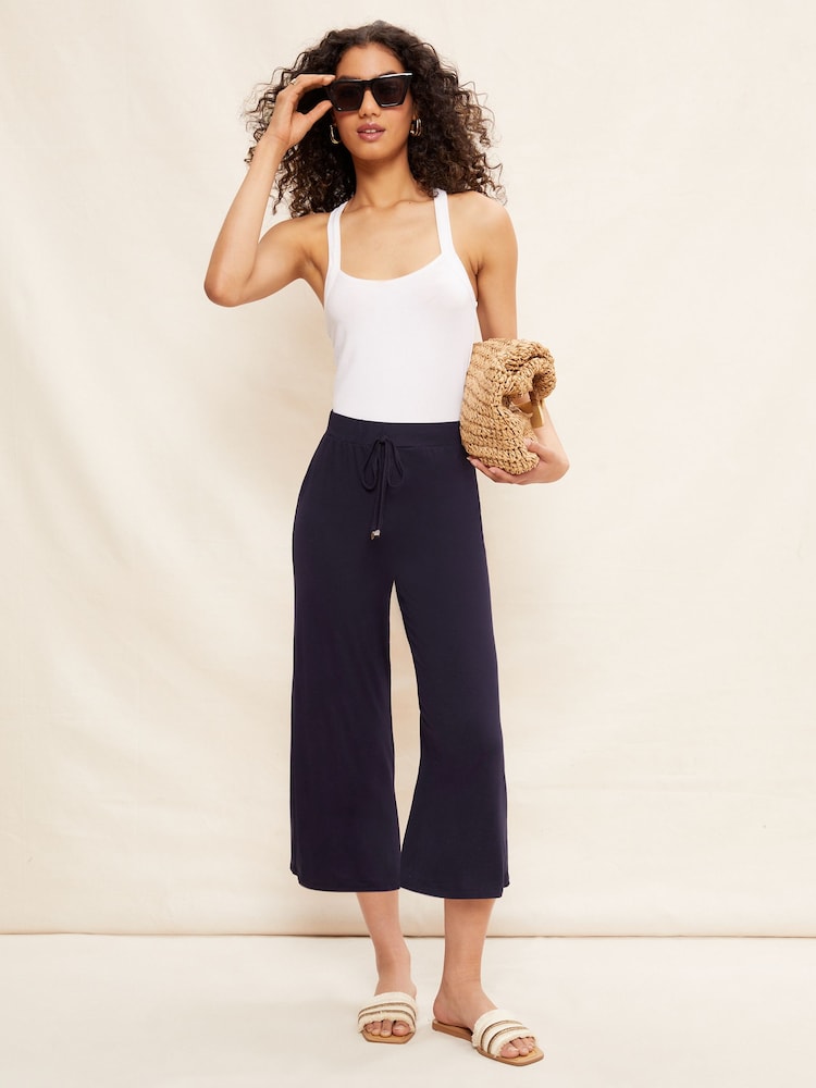 Friends Like These Navy Blue Petite Belted Jersey Wide Leg Culotte Trousers - Image 1 of 4