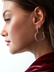 Red/White Christmas Candy Cane Heart Hoop Earrings - Image 1 of 4