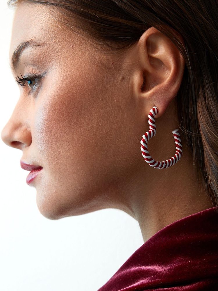 Red/White Christmas Candy Cane Heart Hoop Earrings - Image 1 of 4