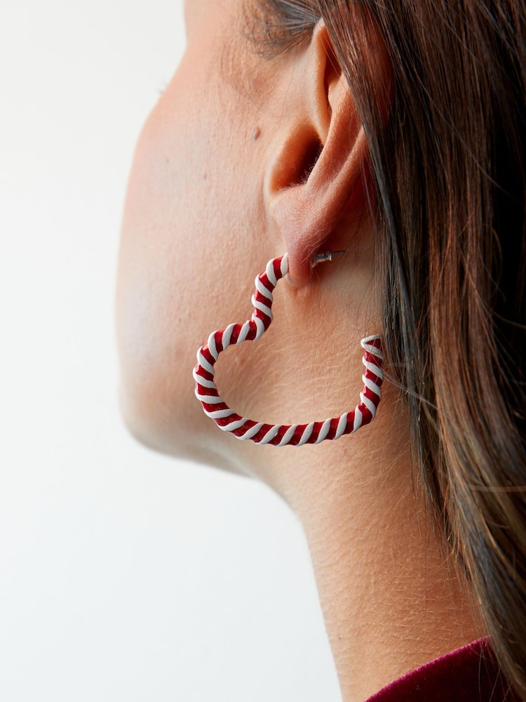 Red/White Christmas Candy Cane Heart Hoop Earrings - Image 2 of 4