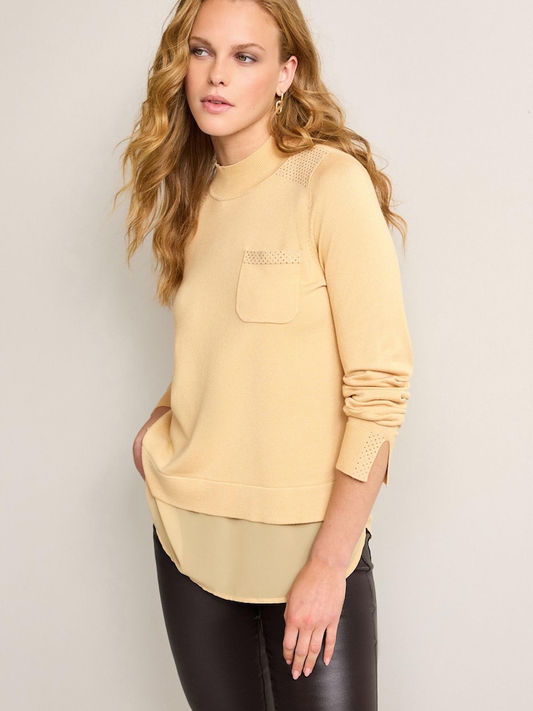 Champagne Gold High Neck Stud Detail Layer Jumper - Image 1 of 7
