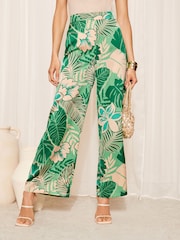 Friends Like These Green Palm Satin Wide Leg Printed Trousers - Image 1 of 4
