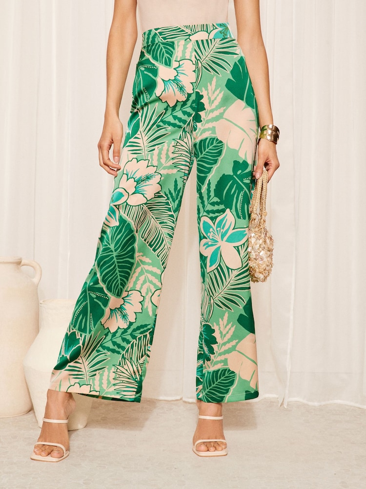 Friends Like These Green Palm Satin Wide Leg Printed Trousers - Image 1 of 4 Friends Like These Green Palm Satin Wide Leg Printed Trousers - Image 1 of 4