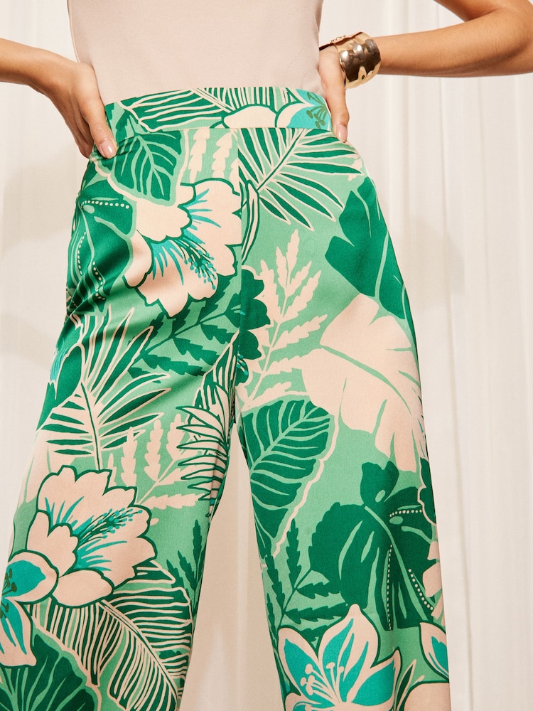 Friends Like These Green Palm Satin Wide Leg Printed Trousers - Image 4 of 4 Friends Like These Green Palm Satin Wide Leg Printed Trousers - Image 4 of 4