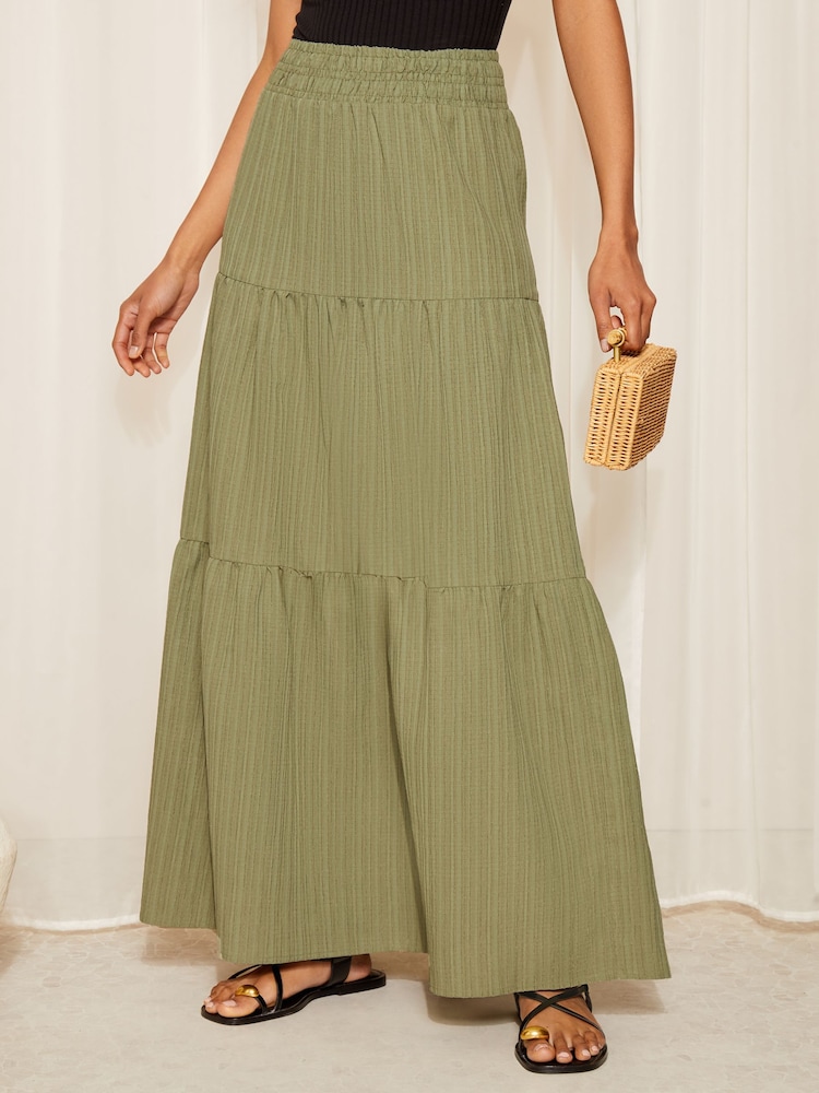 Friends Like These Khaki Green Textured Jersey Boho Style Midi Skirt - Image 1 of 4