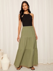 Friends Like These Khaki Green Textured Jersey Boho Style Midi Skirt - Image 2 of 4