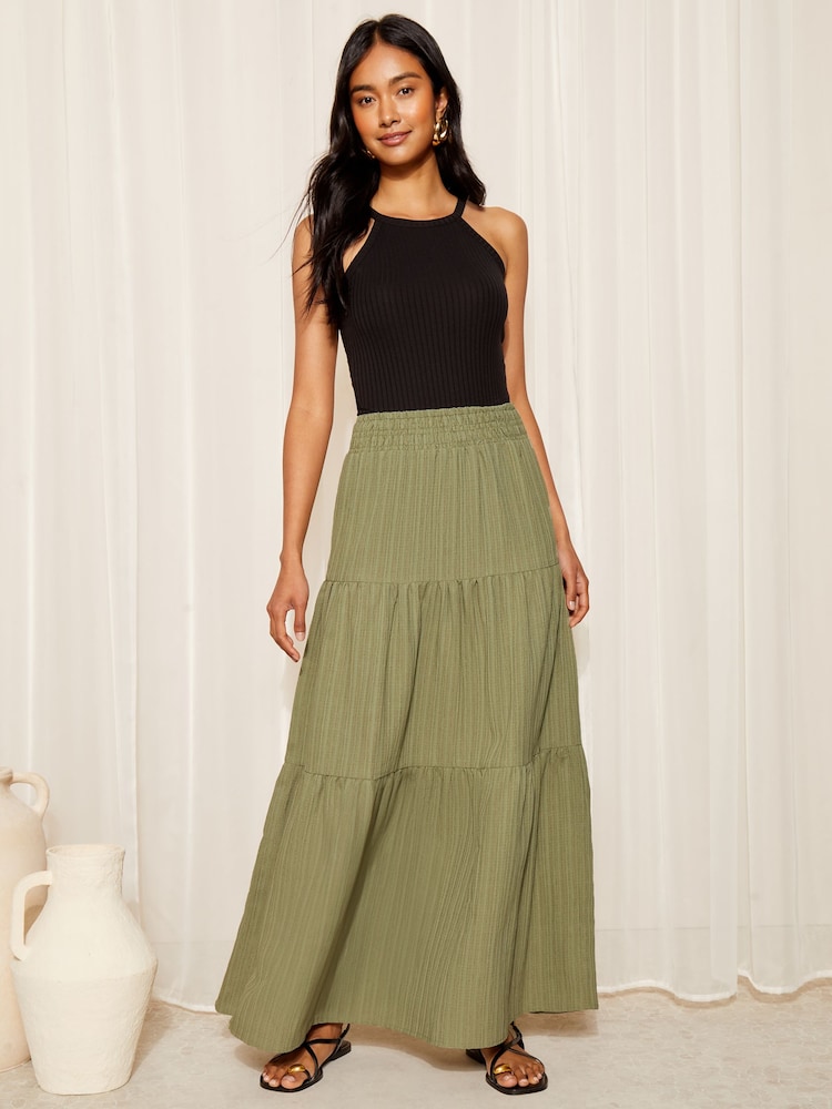 Friends Like These Khaki Green Textured Jersey Boho Style Midi Skirt - Image 2 of 4