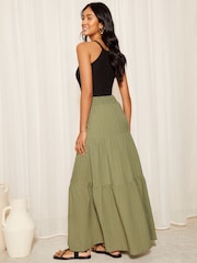 Friends Like These Khaki Green Textured Jersey Boho Style Midi Skirt - Image 4 of 4