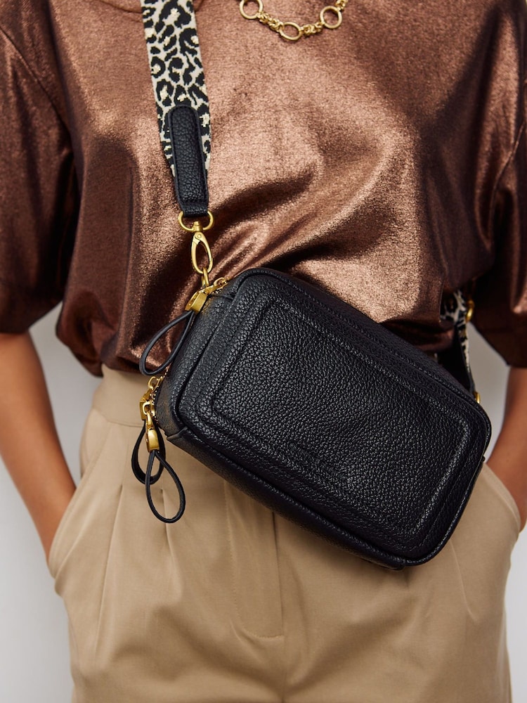 Oliver Bonas Black Leopard Print Strap Simen Cross-Body Bag - Image 1 of 7