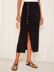 Friends Like These Black Button Detail Linen Midi Skirt - Image 1 of 4
