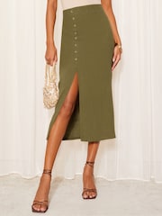 Friends Like These Khaki Green Button Detail Linen Midi Skirt - Image 1 of 4