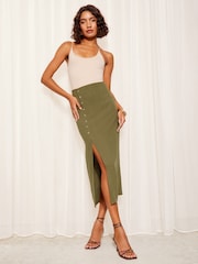 Friends Like These Khaki Green Button Detail Linen Midi Skirt - Image 2 of 4