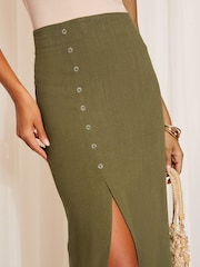 Friends Like These Khaki Green Button Detail Linen Midi Skirt - Image 3 of 4