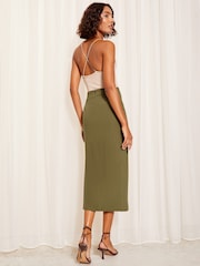 Friends Like These Khaki Green Button Detail Linen Midi Skirt - Image 4 of 4