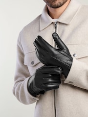 Totes Black Isotoner Premium Leather Gloves with Stitching Detail and Smartouch - Image 1 of 5