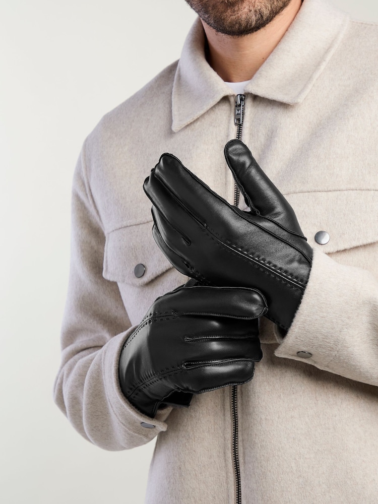 Totes Black Isotoner Premium Leather Gloves with Stitching Detail and Smartouch - Image 1 of 5