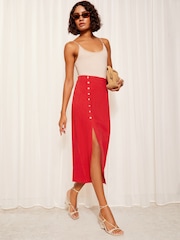 Friends Like These Rust Red Button Detail Linen Midi Skirt - Image 2 of 4