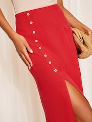 Friends Like These Rust Red Button Detail Linen Midi Skirt - Image 4 of 4