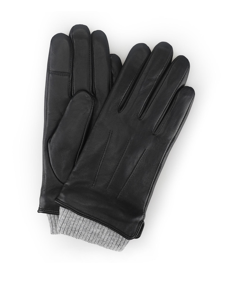 黑色 - Totes Isotoner Premium Leather Gloves with Knitted Cuff and Smartouch - 圖片 2，共 5
