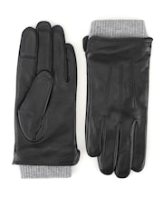 黑色 - Totes Isotoner Premium Leather Gloves with Knitted Cuff and Smartouch - 圖片 3，共 5