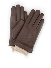 棕色 - Totes Isotoner Premium Leather Gloves with Knitted Cuff and Smartouch - 圖片 2，共 5