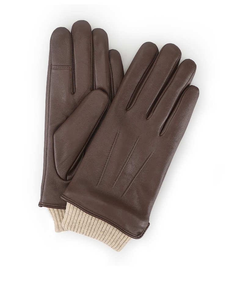 棕色 - Totes Isotoner Premium Leather Gloves with Knitted Cuff and Smartouch - 圖片 2，共 5