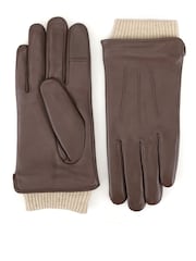 棕色 - Totes Isotoner Premium Leather Gloves with Knitted Cuff and Smartouch - 圖片 3，共 5