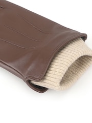 棕色 - Totes Isotoner Premium Leather Gloves with Knitted Cuff and Smartouch - 圖片 5，共 5