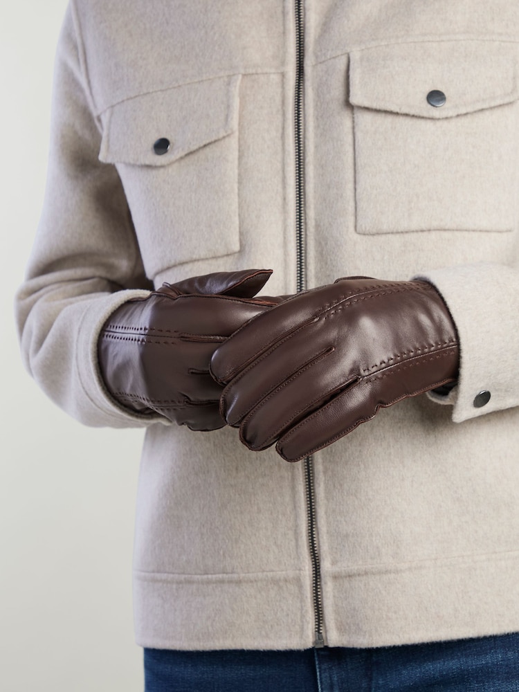 Totes Brown Isotoner Premium Leather Gloves with Stitching Detail and Smartouch - Image 1 of 5