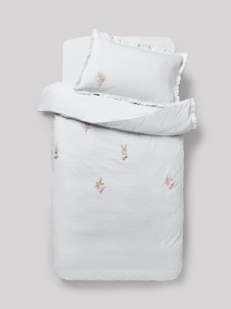White Embroidered Bunny Ballerinas 100% Cotton Duvet Cover and Pillowcase Set - Image 6 of 6