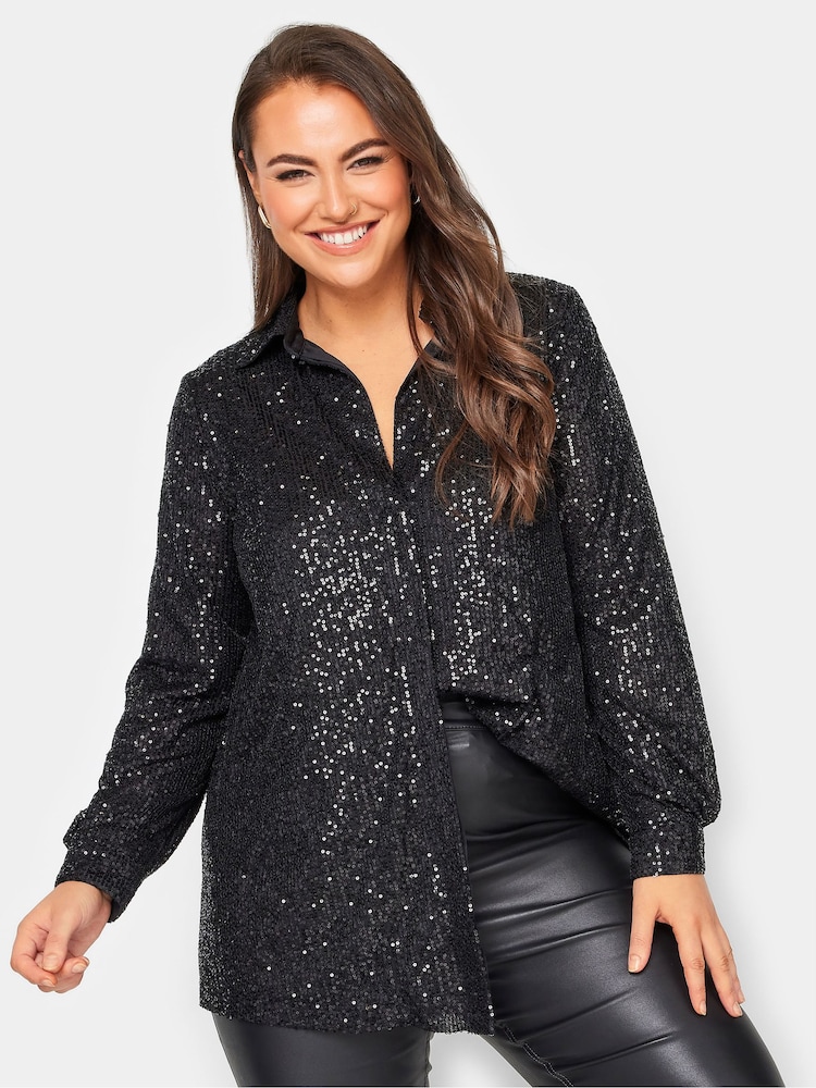 Yours Curve Black London Sequin Shirt - Image 1 of 5