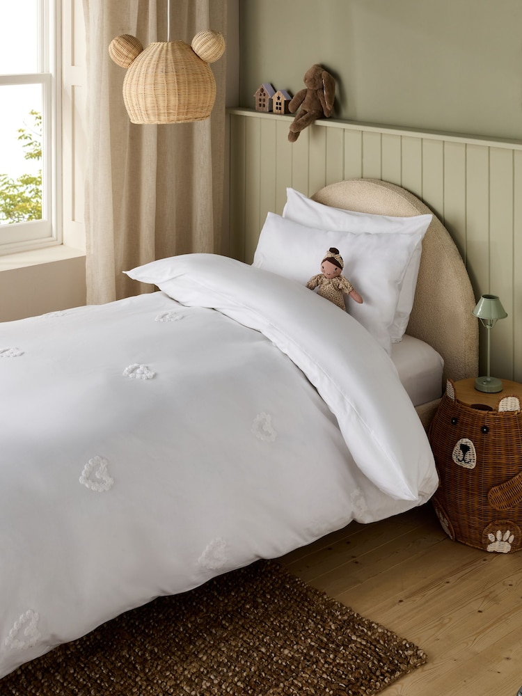 White Tufted Hearts 100% Cotton Duvet Cover and Pillowcase Set - Image 1 of 7