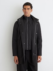 Reiss Black Flaye Hybrid Gilet-Insert Funnel-Neck Overcoat - Image 5 of 8