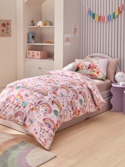 Pink Unicorn Rainbows 100% Cotton Printed Bedding Duvet Cover and Pillowcase Set - Image 1 of 6