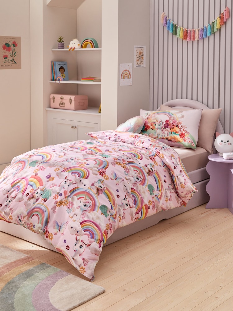 Pink Unicorn Rainbows 100% Cotton Printed Bedding Duvet Cover and Pillowcase Set - Image 1 of 6