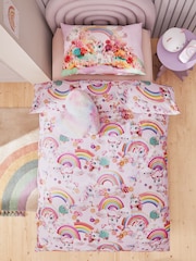 Pink Unicorn Rainbows 100% Cotton Printed Bedding Duvet Cover and Pillowcase Set - Image 2 of 6